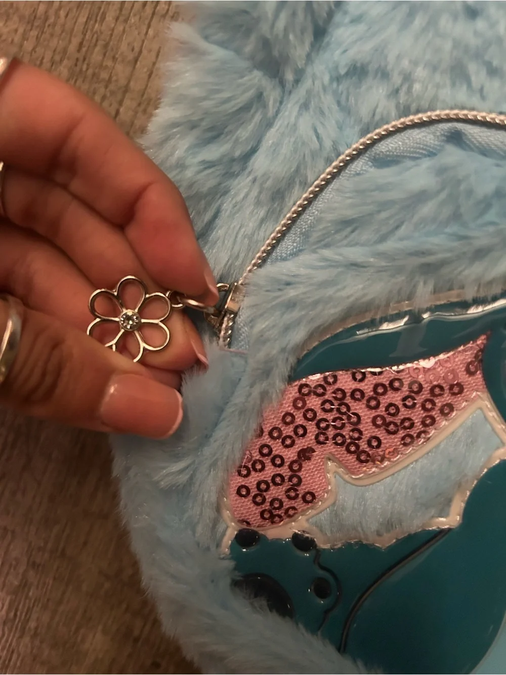 Disney Light Blue Plush Backpack with Teal Stitch and Pink Sequin Ears